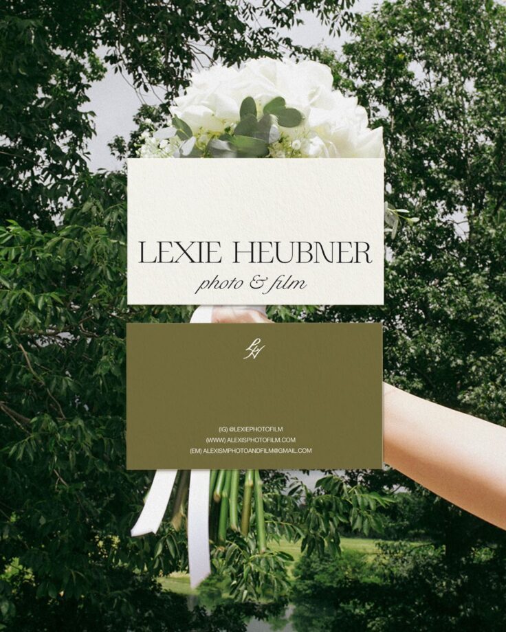 Editorial business cards for wedding photographer brand in earthy green and neutrals